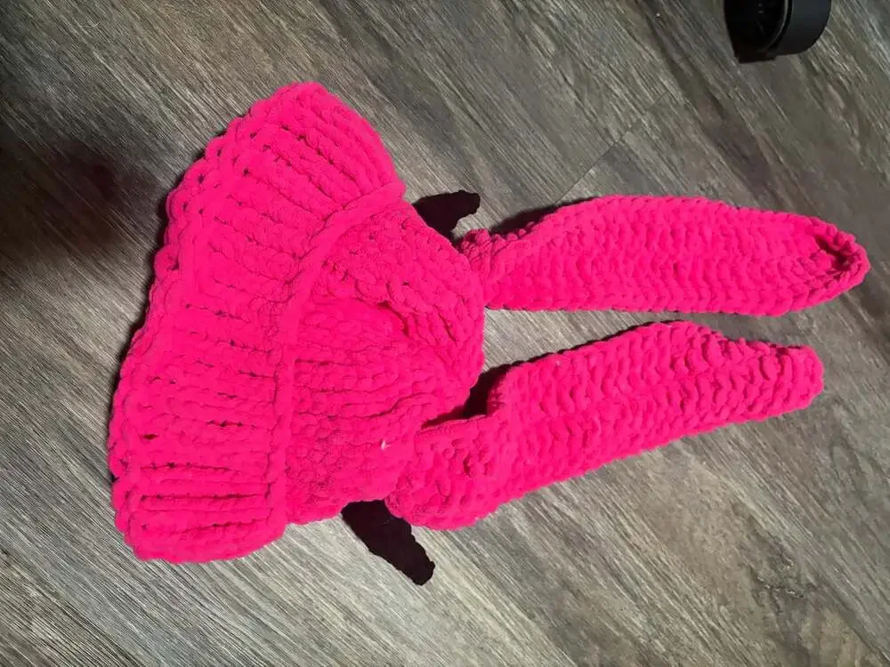 Pink Chunky Beanie Bunny Hat Ears Horns Knit X Eyes